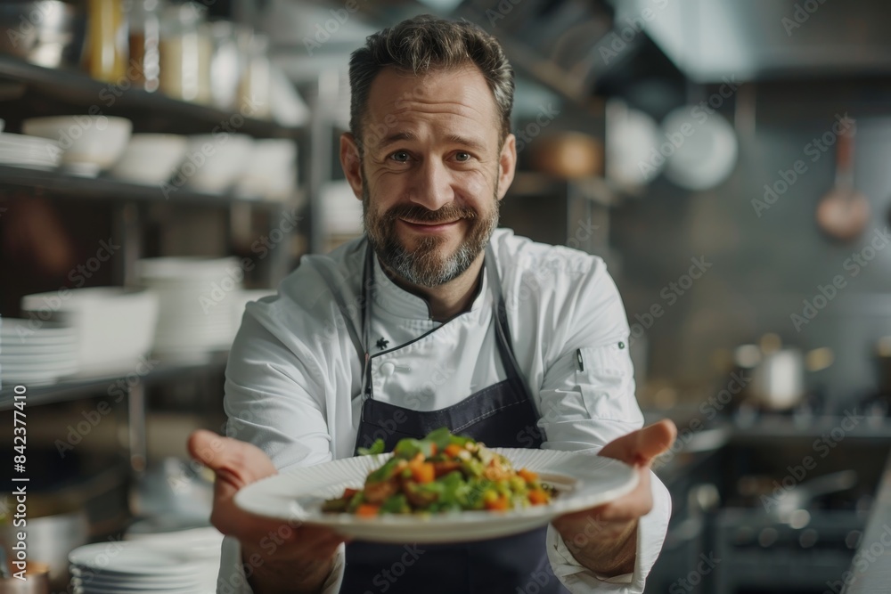 Smiling chef presenting delicious dish in restaurant kitchen Smiling chef presenting delicious dish in restaurant kitchen