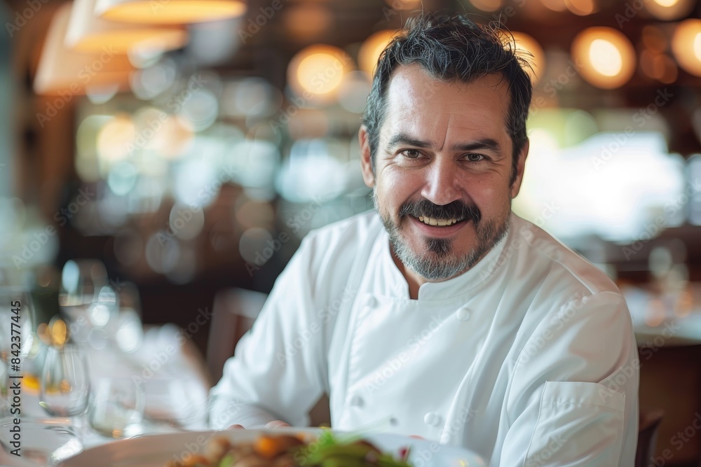 Smiling chef presenting delicious dish in restaurant Smiling chef presenting delicious dish in restaurant