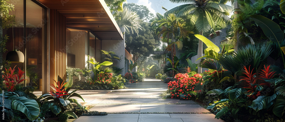 Fototapeta premium Bright tropical residence with a contemporary design and lush garden, octane , ,