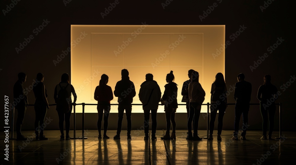 Silhouettes of people in line casting their ballots into an illuminated box, the dark background emphasizing the unity and importance of voting Silhouettes of people in line casting their ballots into an illuminated box, the dark background emphasizing the unity and importance of voting