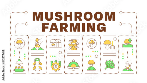Mushroom farming word concept isolated on white. Growing and harvesting. Indoor cultivation. Creative illustration banner surrounded by editable line colorful icons. Hubot Sans font used