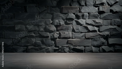 Dark and gray stone wall with cement floor ideal for displaying products in a loft style studio room