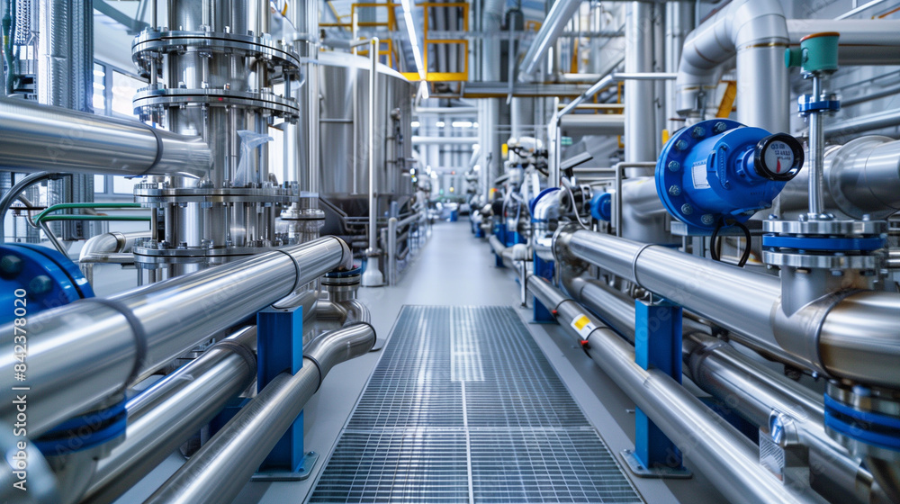 The sterile interior of a pharmaceutical factory, where steel pipes and valves create an orderly and hygienic production system.