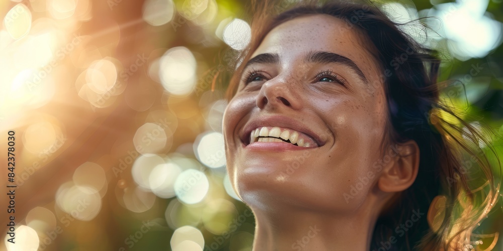 Young attractive happy smiling woman looking up at the sun in the park Young attractive happy smiling woman looking up at the sun in the park