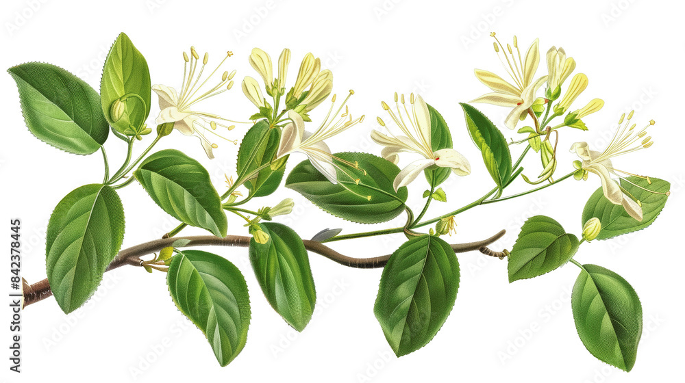 Beautiful illustration of a branch with white flowers and lush green leaves, ideal for botanical projects or nature-themed designs. Beautiful illustration of a branch with white flowers and lush green leaves, ideal for botanical projects or nature-themed designs.