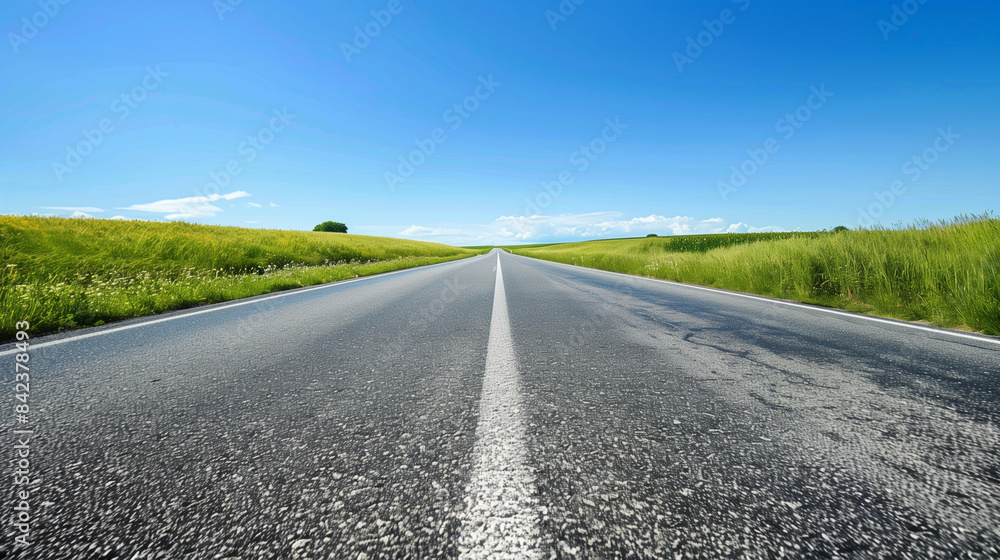 An empty, endless road running into the distance under a bright sky, the simplicity of this image evoking a feeling of freedom and unlimited perspectives. An empty, endless road running into the distance under a bright sky, the simplicity of this image evoking a feeling of freedom and unlimited perspectives.
