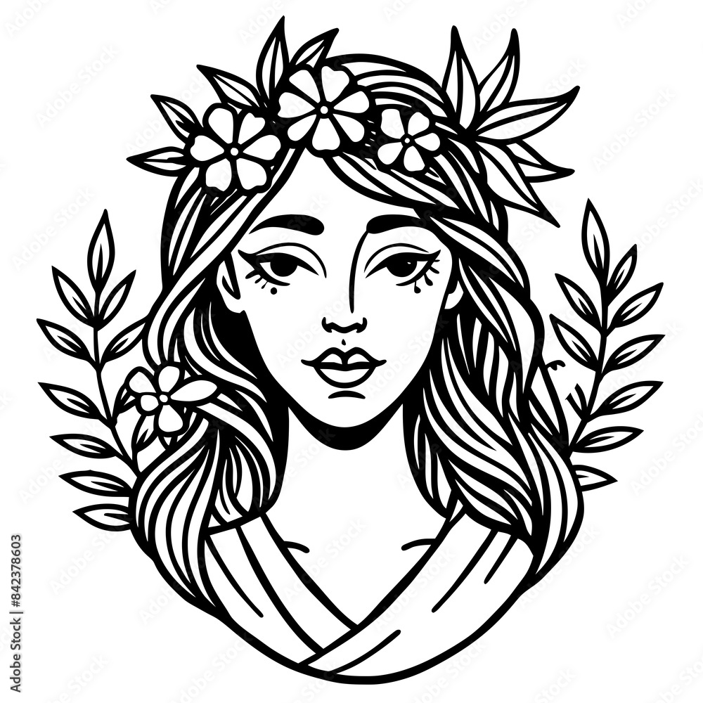 elegant line art image of a woman with a minimalist wreath of wildflowers gently placed on her head. elegant line art image of a woman with a minimalist wreath of wildflowers gently placed on her head.