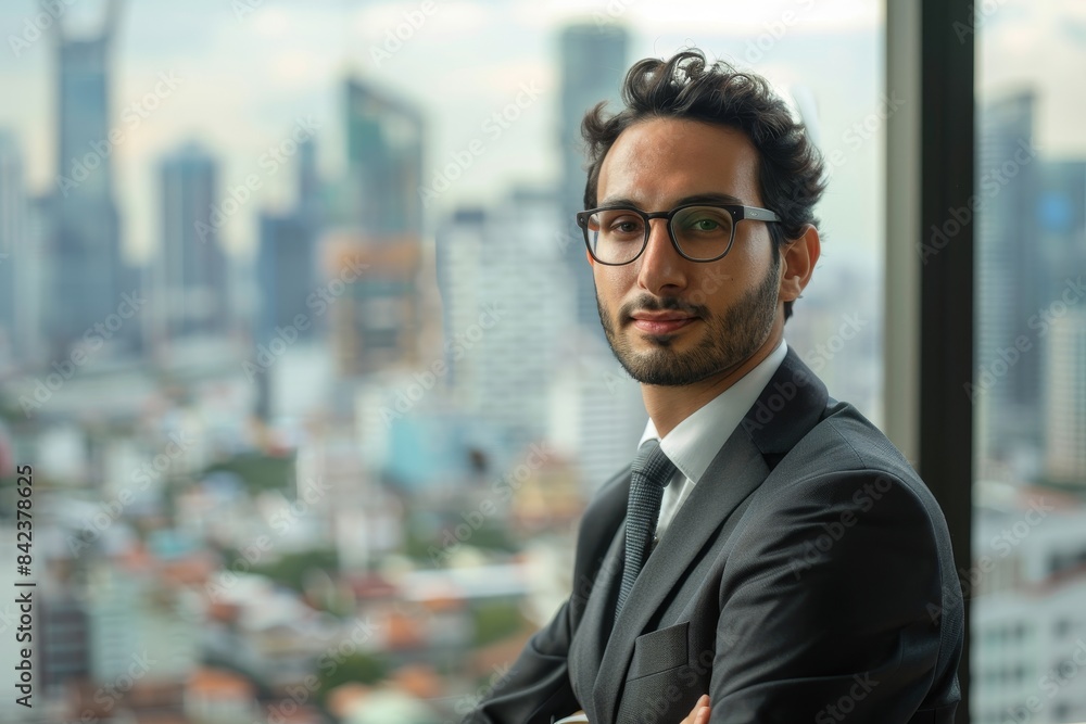 Fototapeta premium Young professional man wearing suit and glasses standing in office with crossed arms looking at camera.