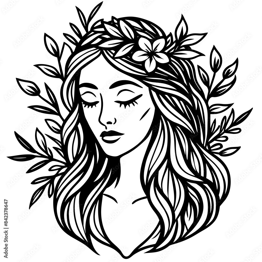 peaceful line art image of a woman with a wreath of meadow wildflowers encircling her head peaceful line art image of a woman with a wreath of meadow wildflowers encircling her head