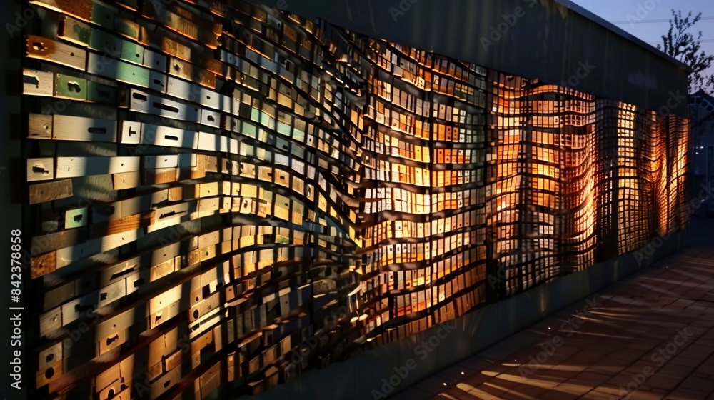 A mosaic of railroad ties creates intriguing shadows, adding unique visual depth to any space. A mosaic of railroad ties creates intriguing shadows, adding unique visual depth to any space.