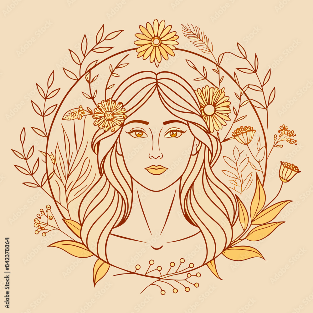 refined line art drawing of a woman with a wreath of wildflowers encircling her head in a minimalist style refined line art drawing of a woman with a wreath of wildflowers encircling her head in a minimalist style