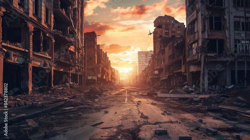Empty street in a destroyed city. The apocalyptic landscape of the city center, reminiscent of a poster from a disaster movie. A city devastated by war, leaving only ruins and abandoned streets.