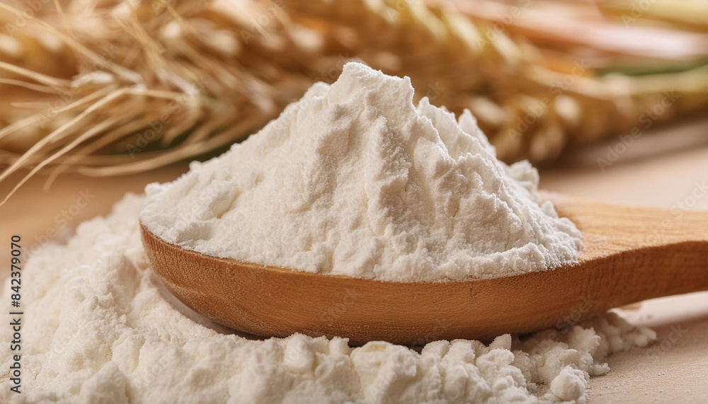 Pile of white wheat flour in wooden spoon Pile of white wheat flour in wooden spoon