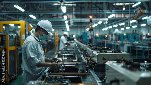 Asian workers operating advanced industrial machines in a technology production factory, highlighting precision and teamwork in manufacturing.