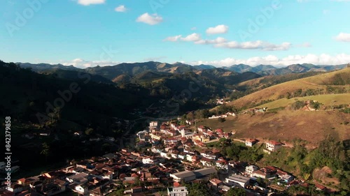 Scenic landscape view of Marmelópolis main town housing community surrounded by mountainous nature Minas Gerais Brazil drone aerial travel tourism  photo