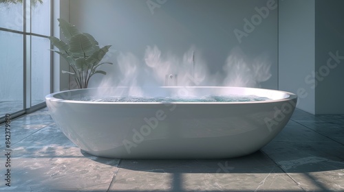 Close-up of a modern freestanding bathtub with steam rising  showcasing the smooth curves and glossy finish  raw and minimalist setting