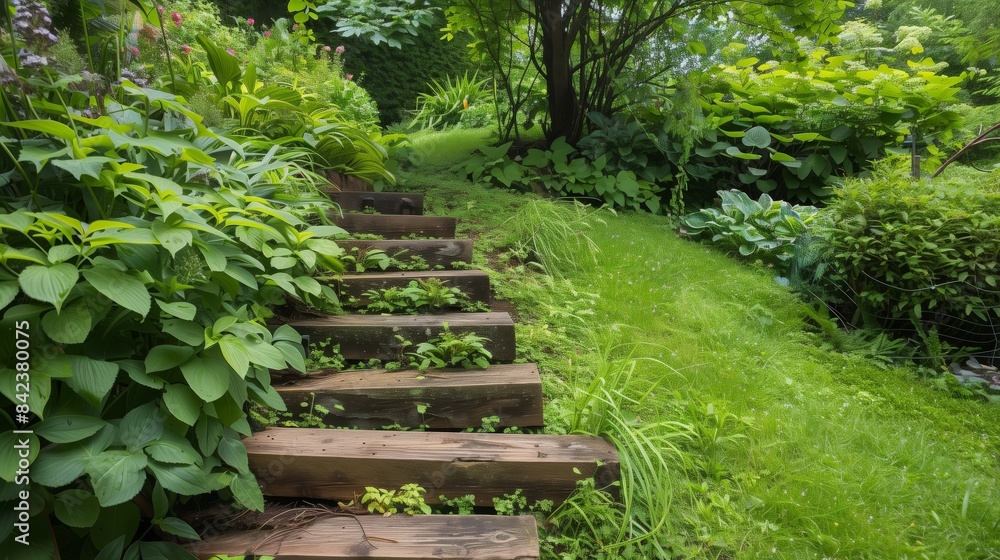 Railway sleepers repurposed as steps add rustic charm and function to a lush, green hillside garden. Railway sleepers repurposed as steps add rustic charm and function to a lush, green hillside garden.