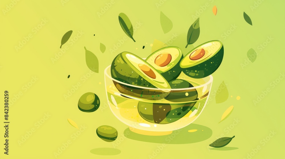 Illustration of a 2d icon depicting avocado oil cascading into a glass bowl capturing the essence of the concept