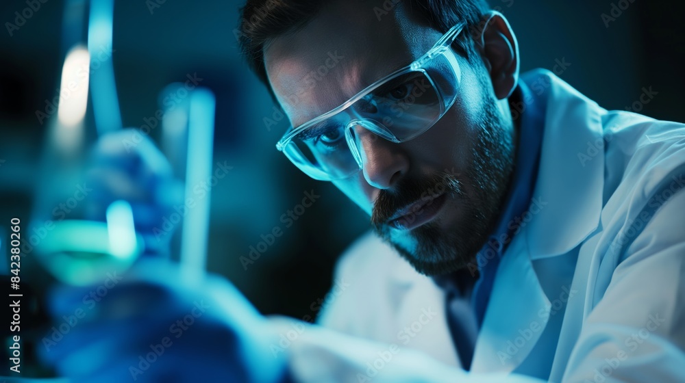 Male researcher in a lab coat conducting experiments and holding a test tube in a clinical laboratory Male researcher in a lab coat conducting experiments and holding a test tube in a clinical laboratory