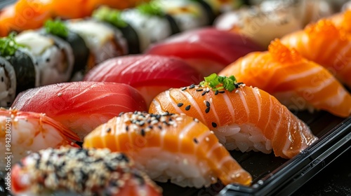 Close-up of assorted sushi on an elegant black tray, capturing the vibrant fish, detailed rice textures, and raw presentation, ready to serve