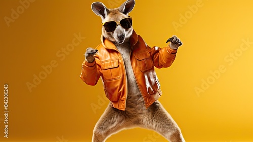 A jiving kangaroo with sunglasses dressed in a leather jacket and shades, showing off its dance skills with kangaroo hops. photo