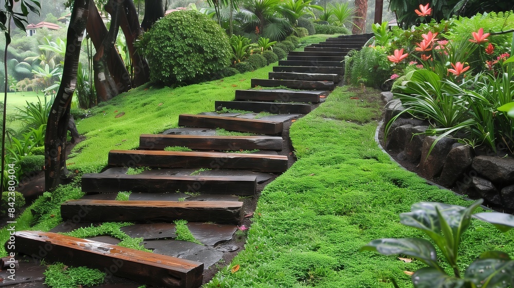 Railway sleepers repurposed as steps add rustic charm and functional pathways to a lush hillside garden.