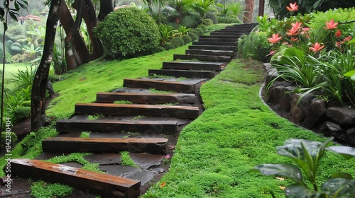 Obraz na płótnie Railway sleepers repurposed as steps add rustic charm and functional pathways to a lush hillside garden. w salonie
