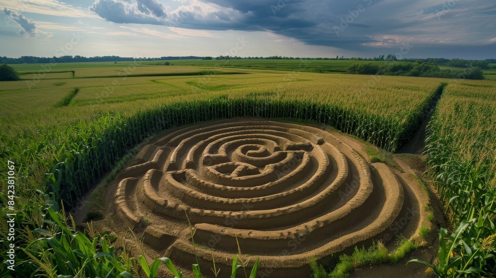 Top view of a detailed sand maze with intricate pathways, set in the middle of a cornfield, foreboding storm clouds gathering on the horizon Top view of a detailed sand maze with intricate pathways, set in the middle of a cornfield, foreboding storm clouds gathering on the horizon