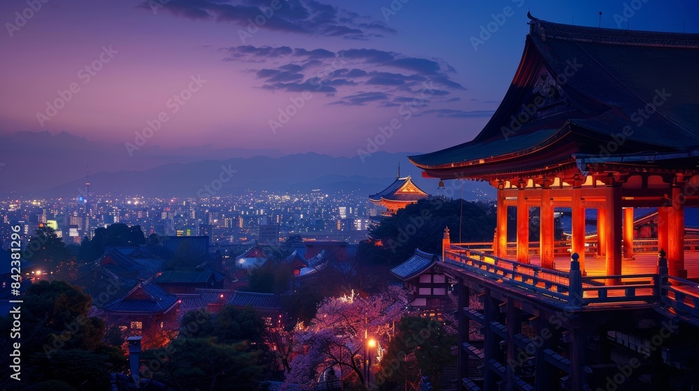 Obraz premium Traditional wooden roof with a deep red hue, surrounded by twilight's indigo sky, distant city lights reflecting off the tiles
