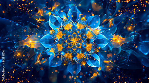 Neon blue and gold mandala fractal art, ideal for spiritual, mystical, or technology themes