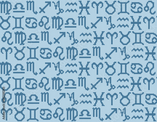 Seamless blue pixel background with zodiac signs.