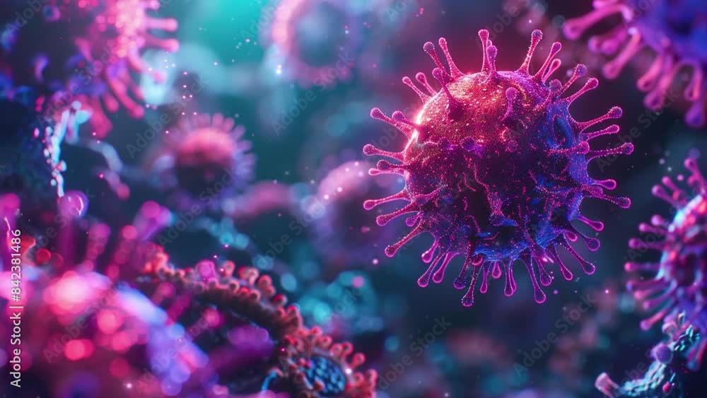 Dangerous virus. Microscopic view of floating influenza virus cells. Viruses in infected organism. Health threatening virus. Microscope virus close up. Microbiology and virology. 4K Videos Dangerous virus. Microscopic view of floating influenza virus cells. Viruses in infected organism. Health threatening virus. Microscope virus close up. Microbiology and virology. 4K Videos