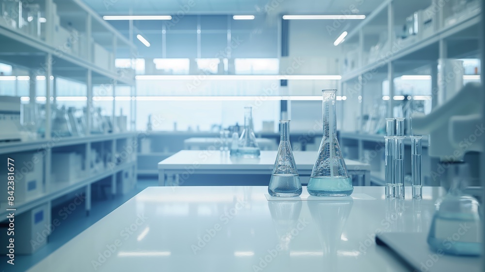 Empty, clean and modern laboratory with various glassware on the counter awaiting research activities