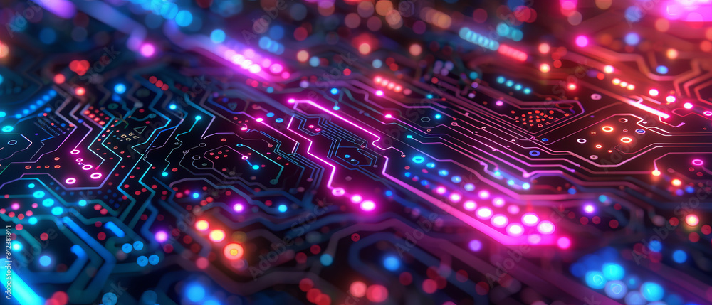 Closeup of digital pathways glowing in different colors on a circuit board Closeup of digital pathways glowing in different colors on a circuit board