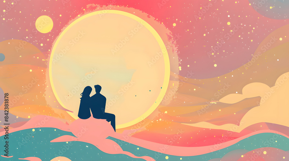 Cute cartoon Lovers cuddle on the moon in pastel color for wallpaper and background Cute cartoon Lovers cuddle on the moon in pastel color for wallpaper and background