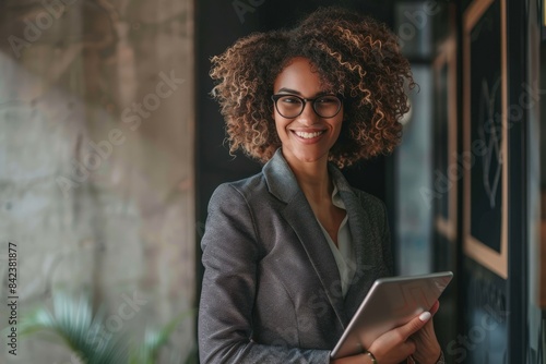 On the go, talented female entrepreneurs use tablets to work on projects in modern offices