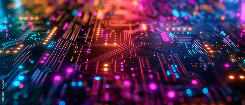 Closeup of digital pathways on a circuit board glowing in different colors Closeup of digital pathways on a circuit board glowing in different colors