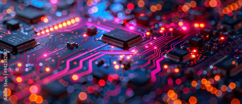 Closeup of multicolored glowing pathways on a circuit board