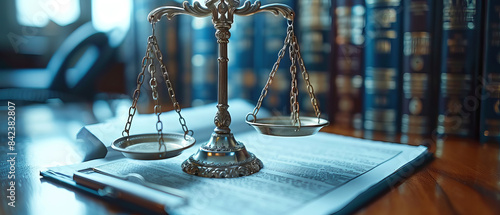 Closeup of scales of justice and a legal contract