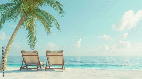 Two deck chairs under the palm tree on beautiful sand beach with copy space. Summer vacation background. 3D Rendering, 3D Illustration © sania