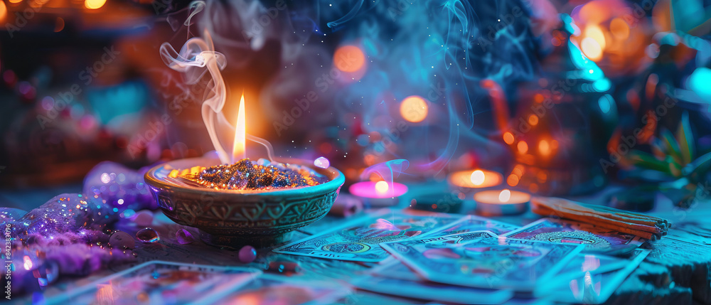Closeup of tarot card reading with glowing symbols Closeup of tarot card reading with glowing symbols
