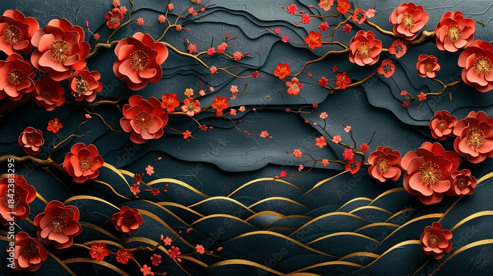 Golden Sakura Dreams: Volumetric Japanese Patterns with Flowers