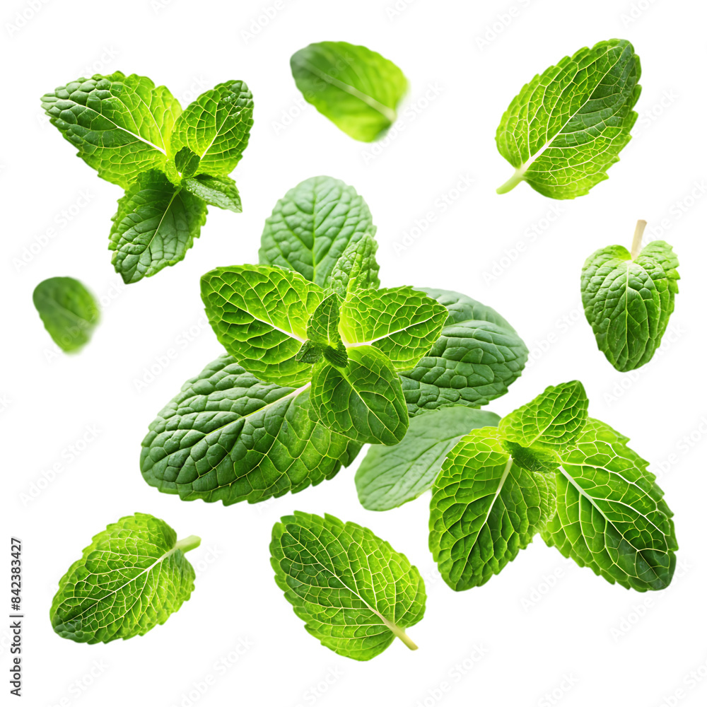 green peppermint leaves flying and falling transparent background green peppermint leaves flying and falling transparent background
