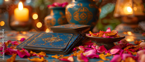 Closeup of tarot cards with mystical symbols