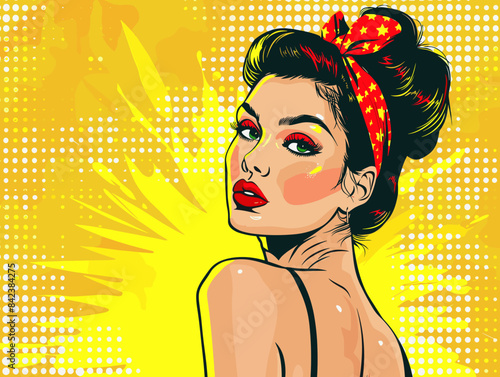 beautiful woman, retro style pop art pin up, flat vector illustration