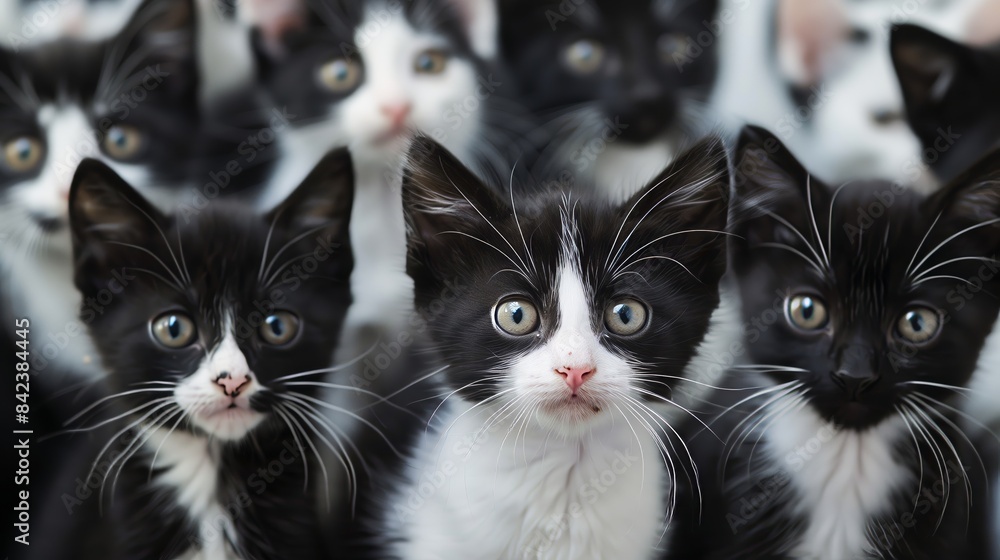 Adorable black and white kittens with big, expressive eyes playfully explore their surroundings. Adorable black and white kittens with big, expressive eyes playfully explore their surroundings.