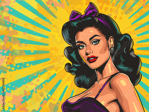 A woman with a purple bow in her hair is the main focus of the image. The background is a bright yellow and blue, giving the impression of a fun and energetic atmosphere