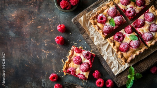 Raspberry pie bars on wooden rustic background
