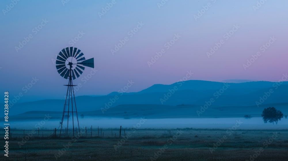 Windmill at dusk in a serene rural landscape, mountains shrouded in mist, tranquil and timeless scene with evening hues
