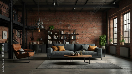 3D render of a living room loft designed in an industrial style, featuring exposed brick walls and modern furnishings for a contemporary look.
